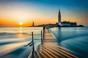de Sol stiger över de vatten och pir i Venedig. ai-genererad foto