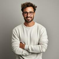 en positiv ung man med en skägg, bär en tillfällig Tröja och glasögon foto