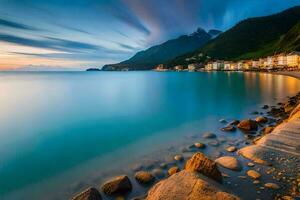 de strand och stenar på solnedgång i Italien. ai-genererad foto