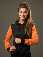 ung europeisk kvinna klädd i sportkläder klart aktiva och full av energi ai generativ foto