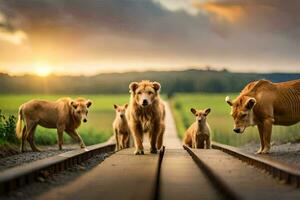en grupp av hundar gående på en järnväg Spår. ai-genererad foto
