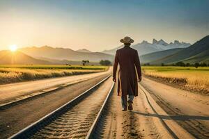 en man i en hatt promenader längs järnväg spår. ai-genererad foto