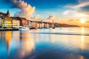 de Sol uppsättningar över de stad av lyon, Frankrike. ai-genererad foto