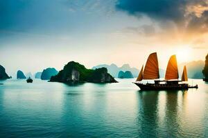 halong bukt, vietnam, solnedgång, solnedgång i vietnam, vietnam. ai-genererad foto