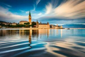 de stad av zagreb, kroatien, med dess katedral reflekterad i de vatten. ai-genererad foto