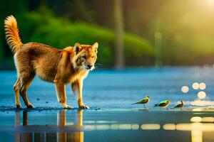 en hund och fåglar stående på de vatten. ai-genererad foto