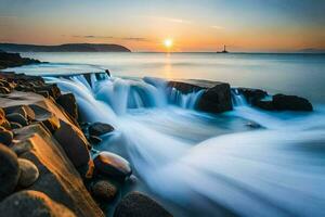 en skön solnedgång över de hav med vågor kraschar in i rocks. ai-genererad foto