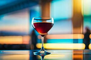 en glas av vin på en tabell i främre av en suddig bakgrund. ai-genererad foto