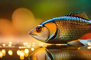 en fisk är reflekterad i de vatten med lampor i de bakgrund. ai-genererad foto