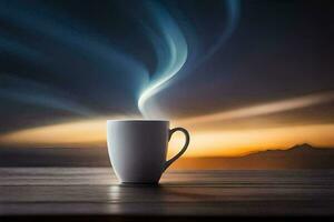 en kopp av kaffe på en tabell med en solnedgång i de bakgrund. ai-genererad foto