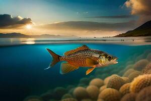 en fisk simning i de hav med en solnedgång Bakom Det. ai-genererad foto