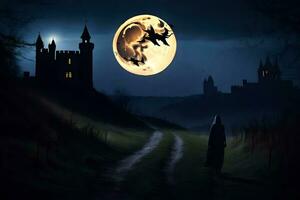 en häxa promenader ner en väg i främre av en slott med en full måne. ai-genererad foto