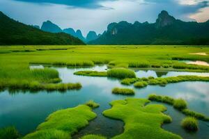 de li flod, Kina, berg, vatten, grön, landskap, natur, natur h. ai-genererad foto