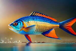 en färgrik fisk med blå och orange fenor. ai-genererad foto