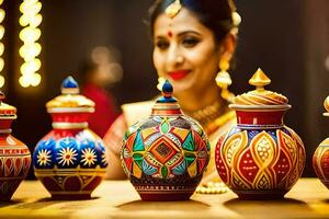 en kvinna i traditionell indisk klänning är stående Nästa till färgrik vaser. ai-genererad foto