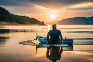 man Sammanträde i en båt på de vatten på solnedgång. ai-genererad foto