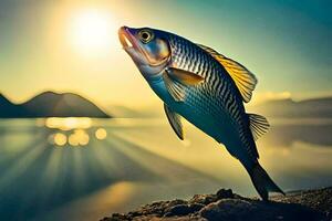 fisk Hoppar ut av de vatten på solnedgång. ai-genererad foto