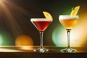 två cocktails på en tabell med en ljus ljus. ai-genererad foto
