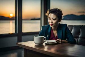 en kvinna i en företag kostym sitter på en tabell med en kopp av kaffe. ai-genererad foto