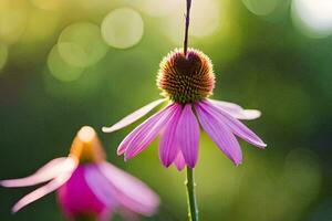 en lila coneflower med en Sol lysande på Det. ai-genererad foto