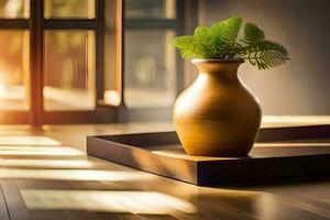 en vas med en ormbunke växt på en trä- tabell. ai-genererad foto