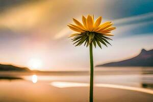 en enda gul blomma står i främre av de Sol. ai-genererad foto