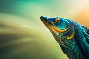 en fisk med en blå kropp och gul ögon. ai-genererad foto