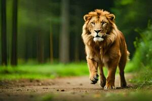 en lejon gående på en smuts väg i de skog. ai-genererad foto
