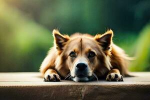 en brun hund om på en trä- bänk. ai-genererad foto