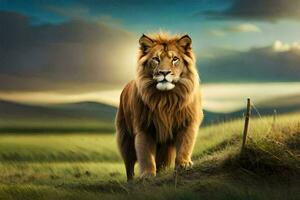 en lejon är gående i de gräs. ai-genererad foto