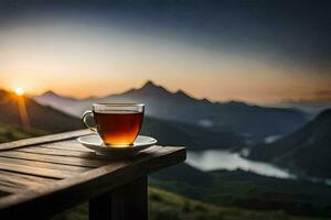 en kopp av te på en trä- tabell utsikt en sjö. ai-genererad foto