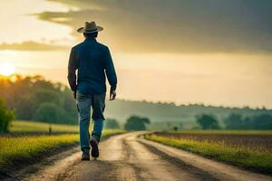 en man i en cowboy hatt gående ner en smuts väg. ai-genererad foto