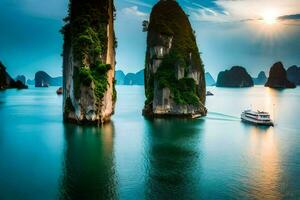 de Sol uppsättningar över de vatten i halong bukt, vietnam. ai-genererad foto