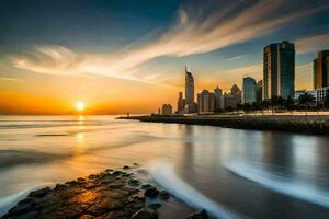 de Sol stiger över de stad horisont i dubai. ai-genererad foto