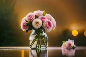rosa ro i en glas vas på en tabell. ai-genererad foto