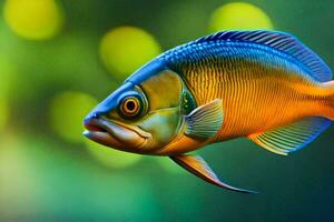 en fisk med ljus blå ögon och en gul kropp. ai-genererad foto