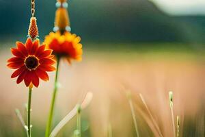 två röd blommor är hängande från en kedja i en fält. ai-genererad foto