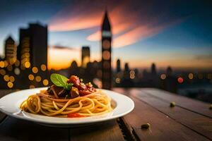 en tallrik av spaghetti med tomat sås och kött på en trä- tabell i främre av en stadsbild. ai-genererad foto