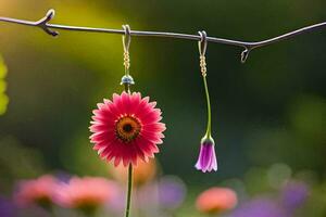 en rosa blomma hänger från en tråd. ai-genererad foto