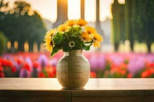 en vas av gul blommor på en tabell i främre av en solnedgång. ai-genererad foto