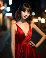 skön asiatisk flicka bär glamour silke klänning ai generativ foto