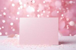 en mock-up av en rosa vykort står på en rosa tabell med paljetter och strass. ai genererad foto