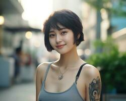 glad koreanska flicka med tatuering leende till kamera ai generativ foto