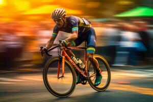 cyklist i rörelse, symboliserar de kör till uppnå mål och främja de aning av Framgång genom cykling. generativ ai foto
