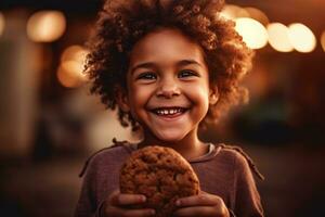 en barn innehav en kaka med en stor leende på deras ansikte, visa upp de glädje och spänning den där kommer med njuter en utsökt behandla. generativ ai foto