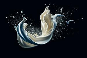 en dynamisk bild av en stänk av mjölk formning en skön abstrakt mönster mot en svart bakgrund. generativ ai foto