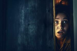 en livrädd kvinna peering genom en knäckt dörr, med kusligt ljus strömning i, skapande spänning och drama. generativ ai foto