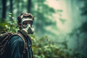 en tankeväckande Foto av en vandrare bär en skyddande mask mitt i en kraftigt förorenad skog, uppmaning tittare till ta verkan mot luft förorening. generativ ai