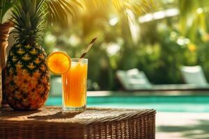 en tropisk paradis miljö med handflatan träd och turkos vattnen, åtföljs förbi en glas av orange juice, frammanande en känsla av avslappning och fly. generativ ai foto