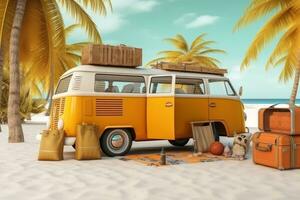 gul bil skåpbil med bagage för sommar högtider på vit sand strand med palmer och hav. generativ ai foto